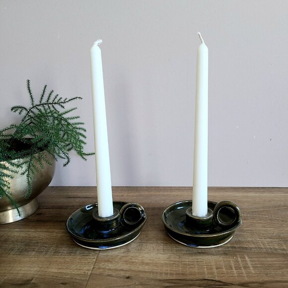 Set of 2 vintage 2005 handmade ceramic green and blue candleholders. - Picture 1 of 5